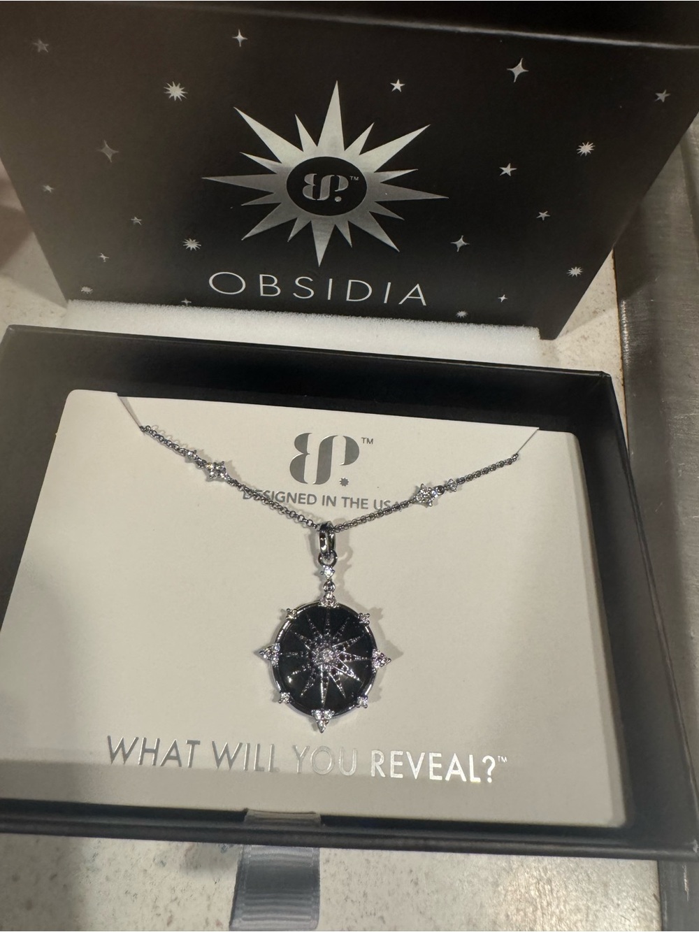 Obsidia “The Cosmic Navigator” Necklace in black obsidian hematite plating.